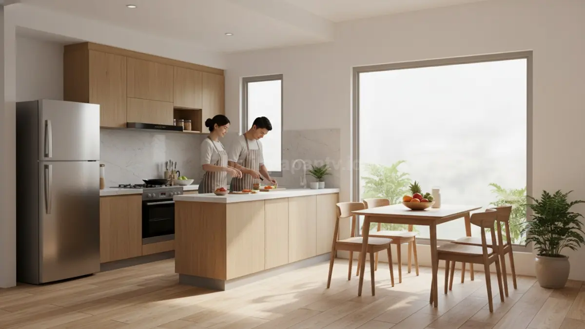 interior rumah tipe 45 modern dengan konsep open kitchen yang menyatu langsung dengan meja makan minimalis. Area dapur terbuka tanpa sekat memperlihatkan aktivitas memasak yang praktis dan dinamis, sementara meja makan kecil ditempatkan berdekatan sebagai ruang makan sekaligus area persiapan makanan ringan. Desain ini menampilkan tata ruang efisien dengan sirkulasi yang mudah, pencahayaan alami dari jendela besar, serta nuansa hangat yang mendukung interaksi keluarga kecil yang aktif dalam kehidupan sehari-hari di hunian modern Indonesia. (BTV/Ai)