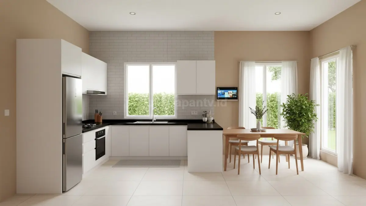 interior rumah tipe 45 modern yang menampilkan dapur berbentuk L-Shape di salah satu sudut ruangan dengan desain efisien dan rapi. Area dapur memanfaatkan sudut dinding untuk aktivitas memasak, sementara meja makan ditempatkan di sisi samping sebagai ruang makan terpisah namun tetap menyatu secara visual. Tata ruang memperlihatkan alur aktivitas yang terarah dari memasak hingga menyantap makanan tanpa mengganggu ruang gerak. Pencahayaan alami dari jendela menambah kesan luas dan nyaman, menggambarkan konsep hunian modern yang praktis dan fungsional untuk keluarga kecil di Indonesia. (BTV/Ai)