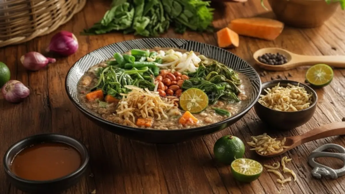 Bubur pedas dengan sayuran dan rempah khas yang gurih segar