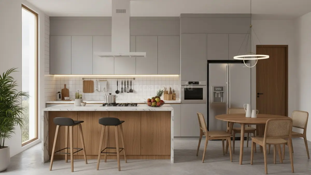 interior rumah tipe 45 modern dengan konsep kitchen island multifungsi sebagai pusat aktivitas ruang dapur. Meja tengah terlihat menjadi elemen utama yang digunakan untuk memasak, menyiapkan bahan makanan, sekaligus area makan cepat bagi keluarga. Area dapur tertata rapi dengan desain terbuka tanpa sekat, memaksimalkan sirkulasi ruang agar terasa lebih luas dan lega. Pencahayaan alami dari jendela besar memperkuat kesan bersih dan modern, menggambarkan hunian praktis yang mengutamakan efisiensi dan kenyamanan untuk aktivitas keluarga sehari-hari di rumah tipe 45. (BTV/Ai)