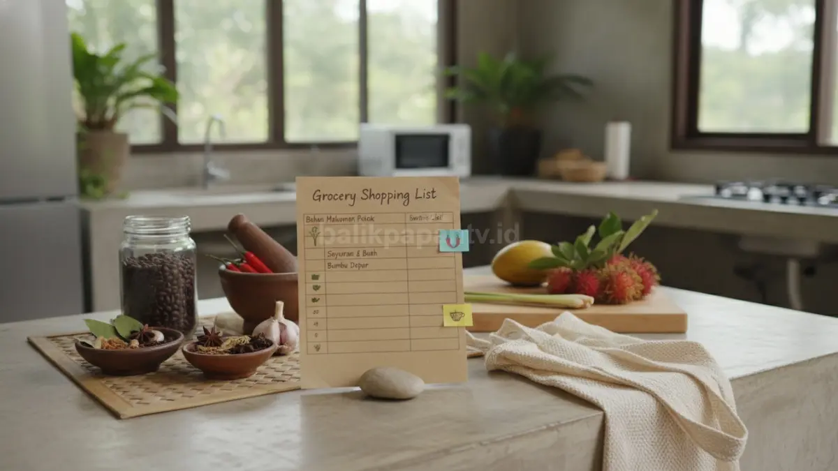 Catatan daftar belanja terorganisir di meja dapur