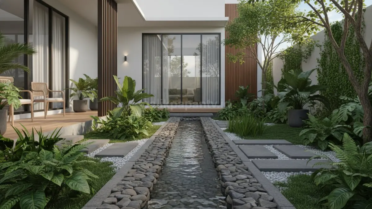 Contoh paret kecil dengan batu alam di taman belakang rumah minimalis
