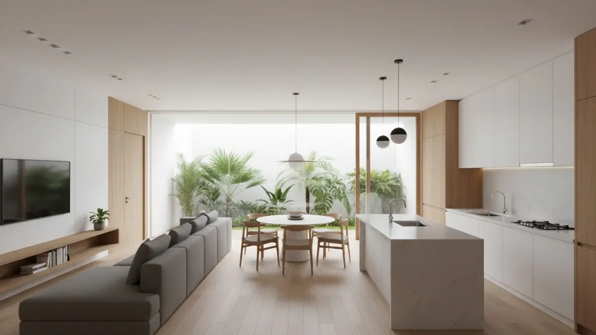 Contoh tata linear dan L-shape ruang gabungan minimalis
