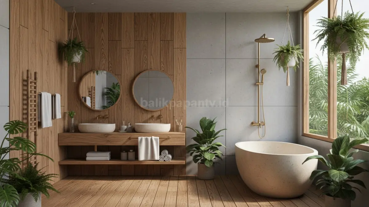 Dekor kamar mandi natural dengan elemen kayu dan tanaman hijau
