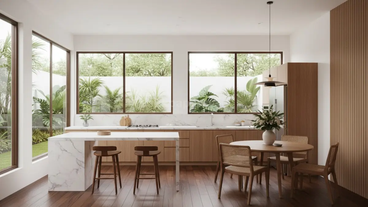 Desain dapur dan ruang makan menyatu di rumah tipe 45 modern dengan pencahayaan alami