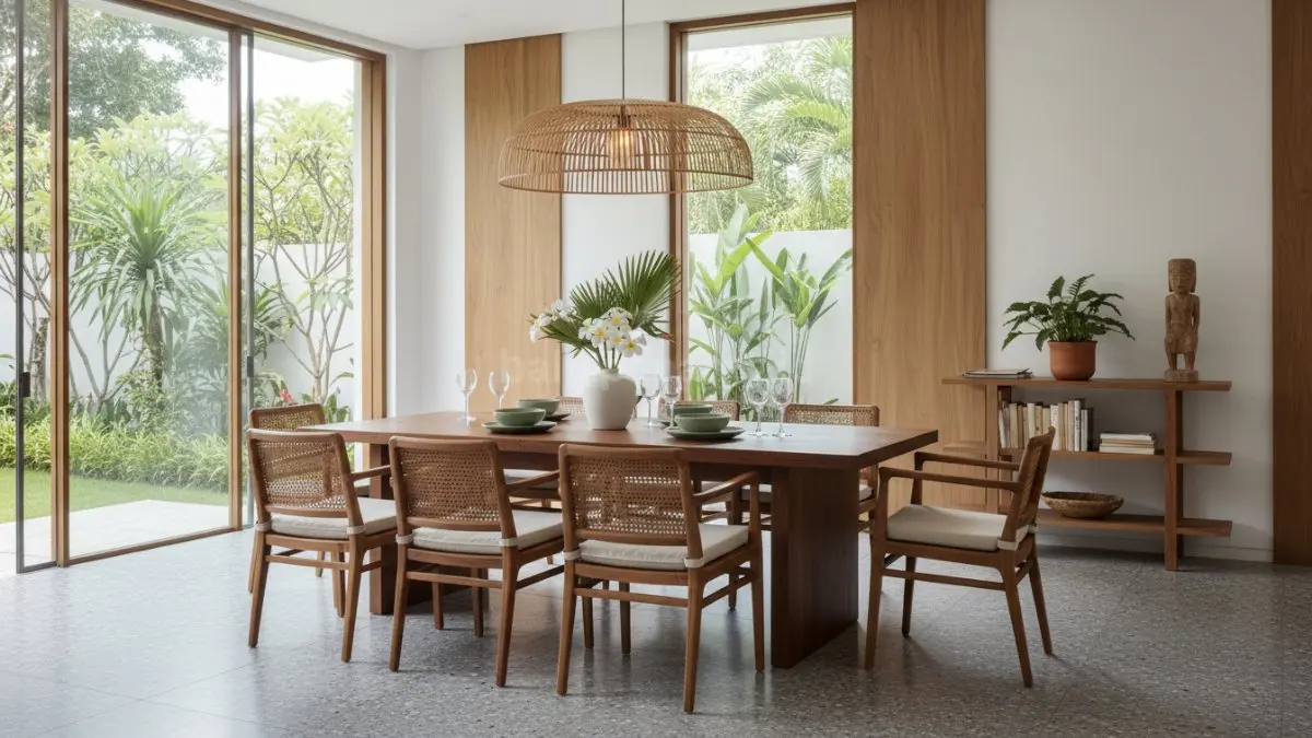 Desain industrial dengan kombinasi kayu dan logam, meja makan besar dan kursi nyaman. (BTV/Ai)