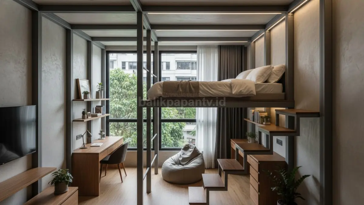 Desain kamar 2x3 meter mezzanine baja ringan yang memaksimalkan ruang vertikal untuk tidur dan aktivitas harian. (BTV/Ai)