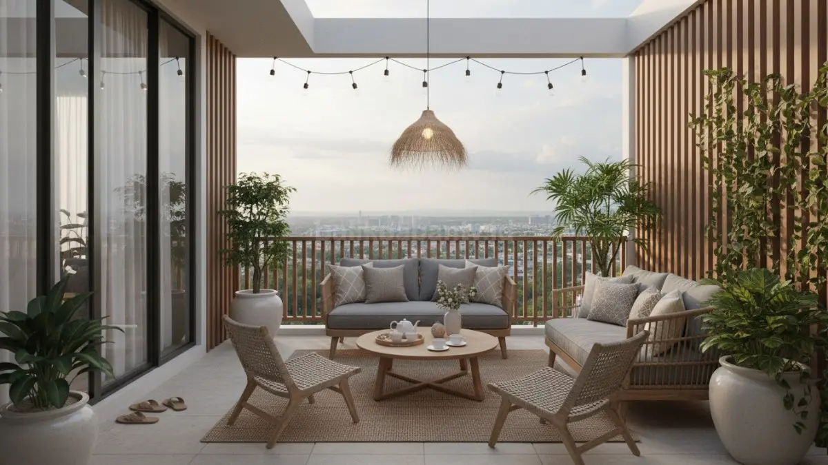 Desain ruang tamu di teras rumah dengan furnitur minimalis yang nyaman dan menyatu dengan alam.
