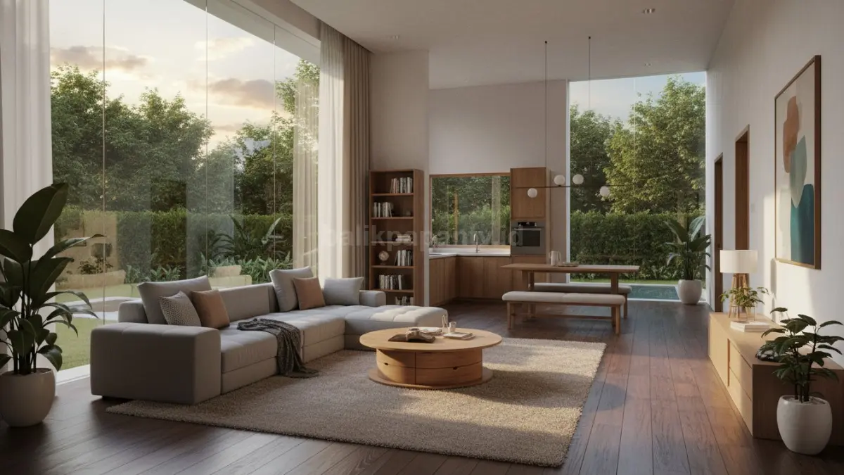 Desain rumah modern 2026 dengan ruang multifungsi dan pencahayaan natural hangat