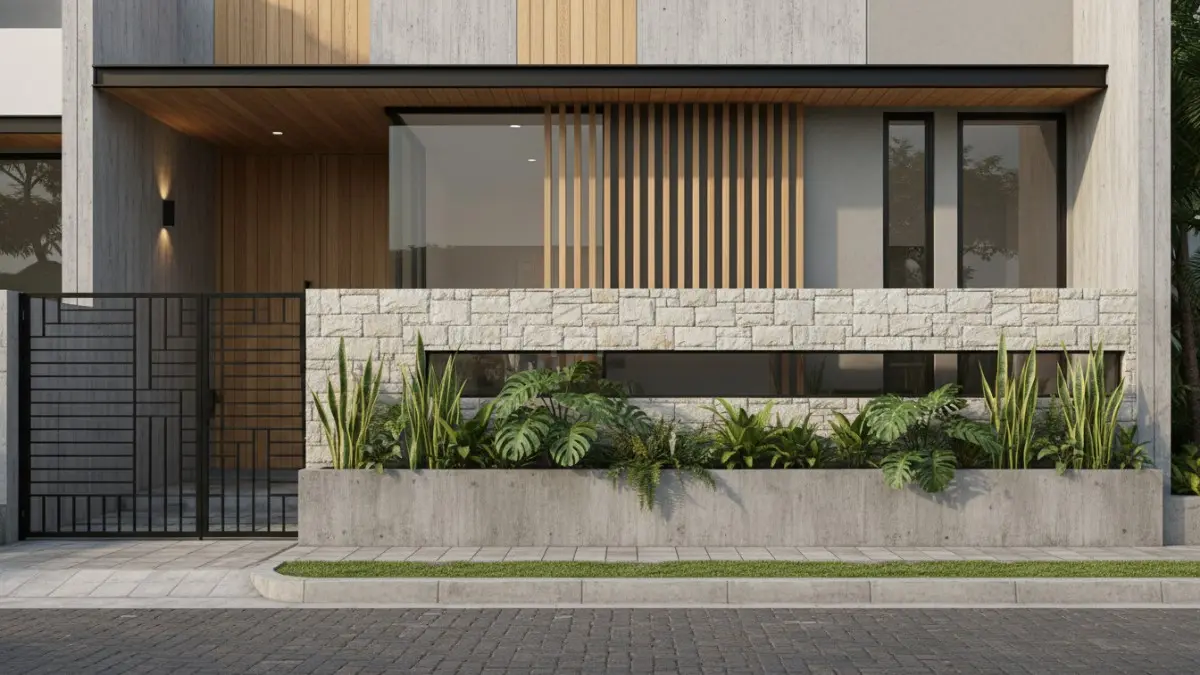 Desain tembok depan rumah dengan batu alam yang memberikan kesan alami dan kokoh. (BTV/Ai)