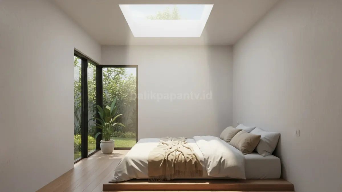 Kamar tidur minimalis pada rumah modern dengan skylight di atap, cahaya pagi masuk perlahan ke area tidur, menciptakan suasana lembut dan nyaman, mendukung ritme alami tubuh, desain ini banyak diterapkan pada hunian hemat energi dengan konsep ruang sederhana dan fungsional.  (BTV/Ai)