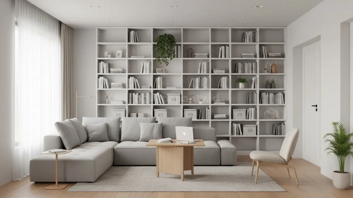 Interior rumah modern dengan konsep ruang multifungsi adaptif yang menampilkan sofa modular yang bisa diatur ulang, meja lipat yang digunakan sebagai area kerja, serta rak vertikal yang memaksimalkan penyimpanan tanpa memakan banyak ruang. Tata ruang dirancang minimalis dengan pencahayaan alami yang masuk dari jendela besar, menciptakan kesan lega pada hunian berukuran kecil di area perkotaan. Suasana ini menggambarkan fleksibilitas desain interior 2026 yang memungkinkan satu ruang digunakan untuk berbagai aktivitas harian secara efisien tanpa mengurangi kenyamanan visual.  (BTV/Ai)