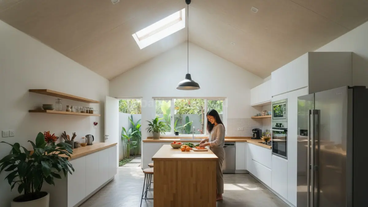 Dapur rumah 1 lantai dengan skylight di bagian atap, cahaya alami masuk langsung ke area memasak, menciptakan tampilan ruang yang lebih bersih dan terang secara visual, aktivitas memasak terlihat nyaman tanpa penggunaan lampu pada siang hari, desain modern yang efisien dan hemat energi.  (BTV/Ai)