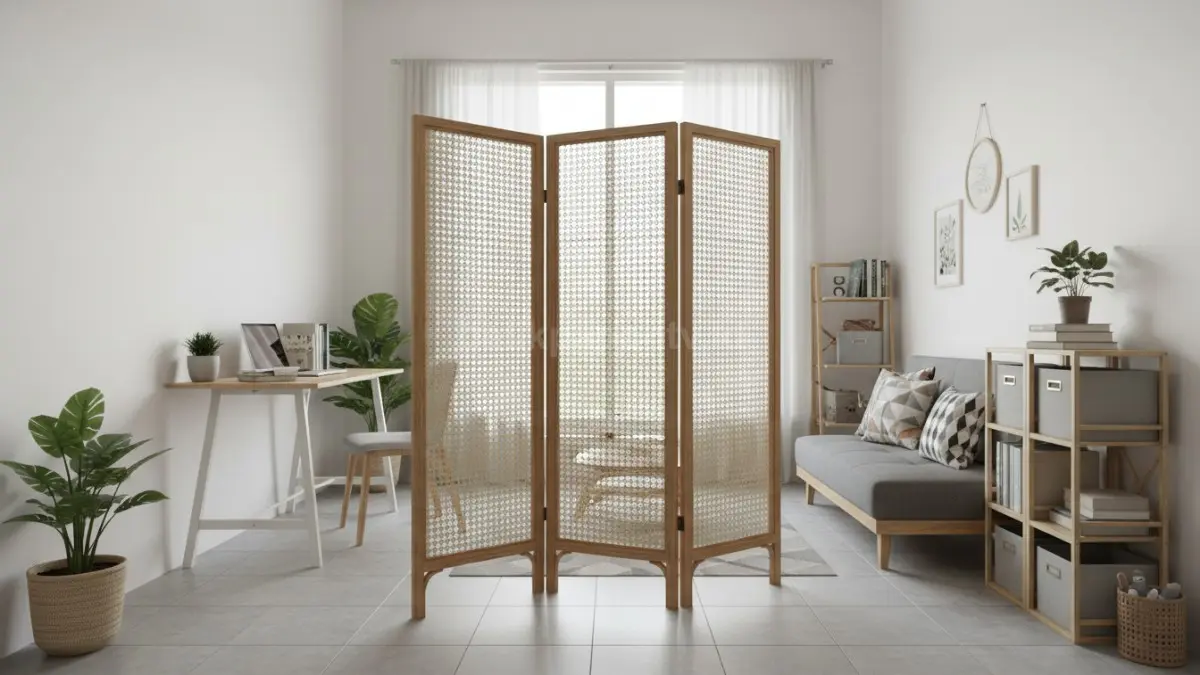 Folding screen minimalis di ruang kecil, solusi pembatas fleksibel modern (BTV/Ai)