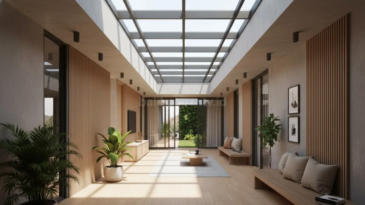 Lorong penghubung ruangan pada rumah 1 lantai dengan skylight di bagian atas atap, cahaya alami masuk memanjang sepanjang koridor, mengubah area sirkulasi yang biasanya gelap menjadi terang dan nyaman, desain ini banyak diterapkan pada hunian perkotaan padat untuk efisiensi pencahayaan.  (BTV/Ai)