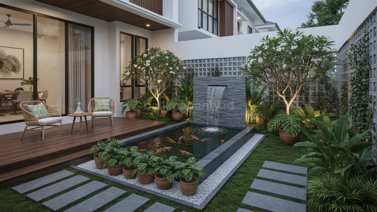 Gambar utama taman minimalis dengan tanaman hijau segar di halaman kecil. (BTV/Ai)