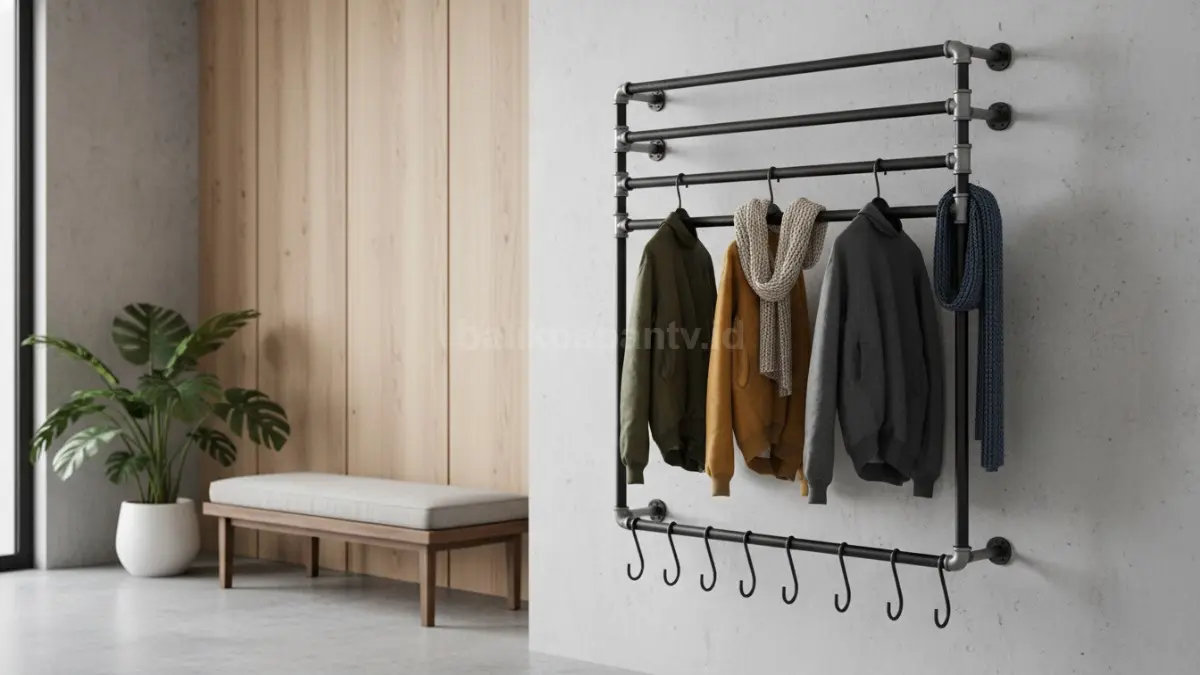 Gantungan Baju Berbahan Logam dengan Desain Industrial. (BTV/Ai)