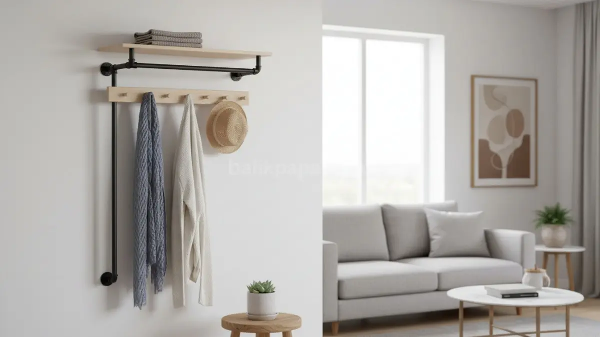 Gantungan baju berbahan logam dengan desain industrial untuk sentuhan urban di ruang tamu. (BTV/Ai)