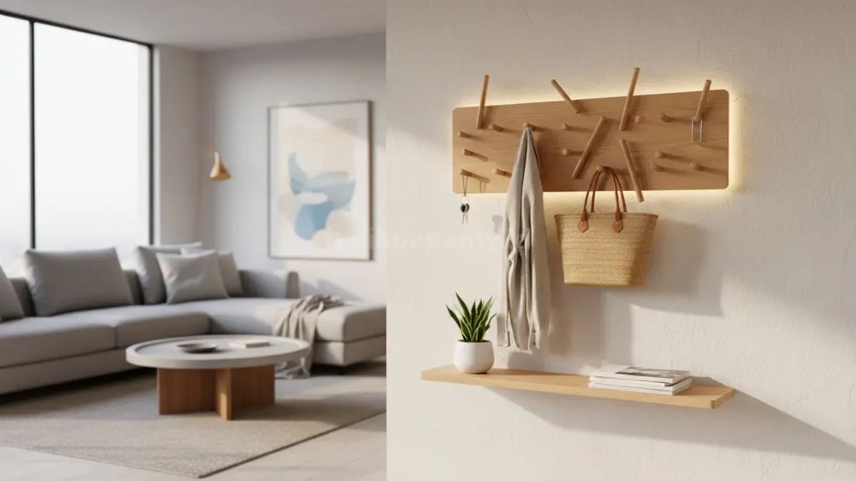 Gantungan baju dinding berbahan kayu alami dengan desain minimalis untuk ruang tamu yang rapi.