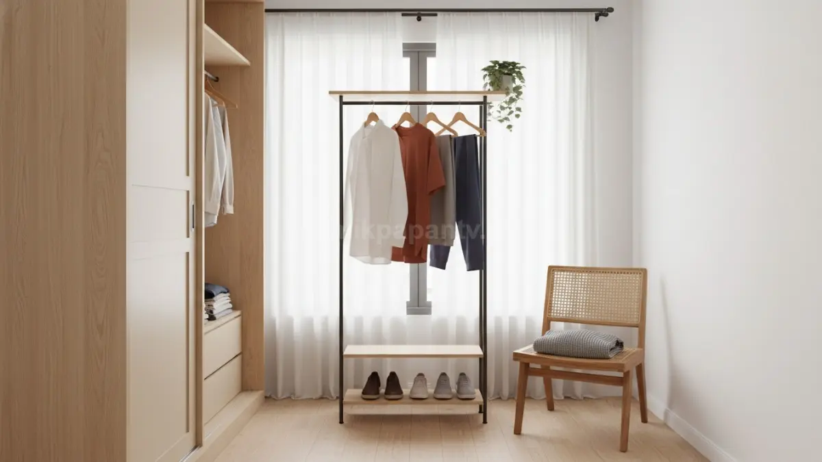 Gantungan baju minimalis modern di kamar kecil dengan desain rapi (BTV/Ai)