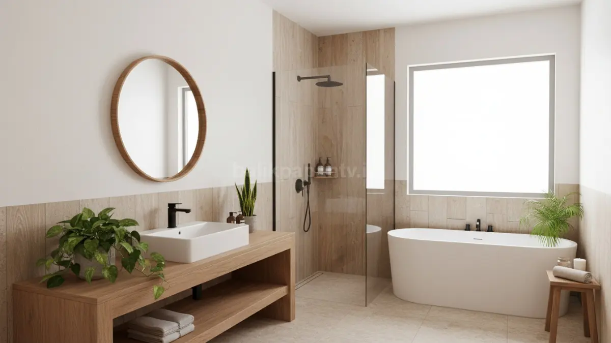 Gaya natural dengan elemen kayu dan tanaman
