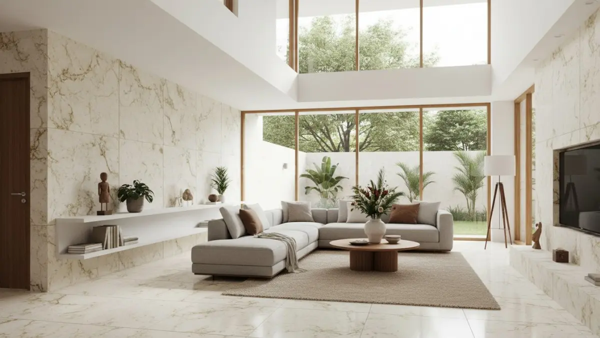 Granit motif marmer cream dengan tekstur halus, cocok untuk berbagai gaya desain rumah.