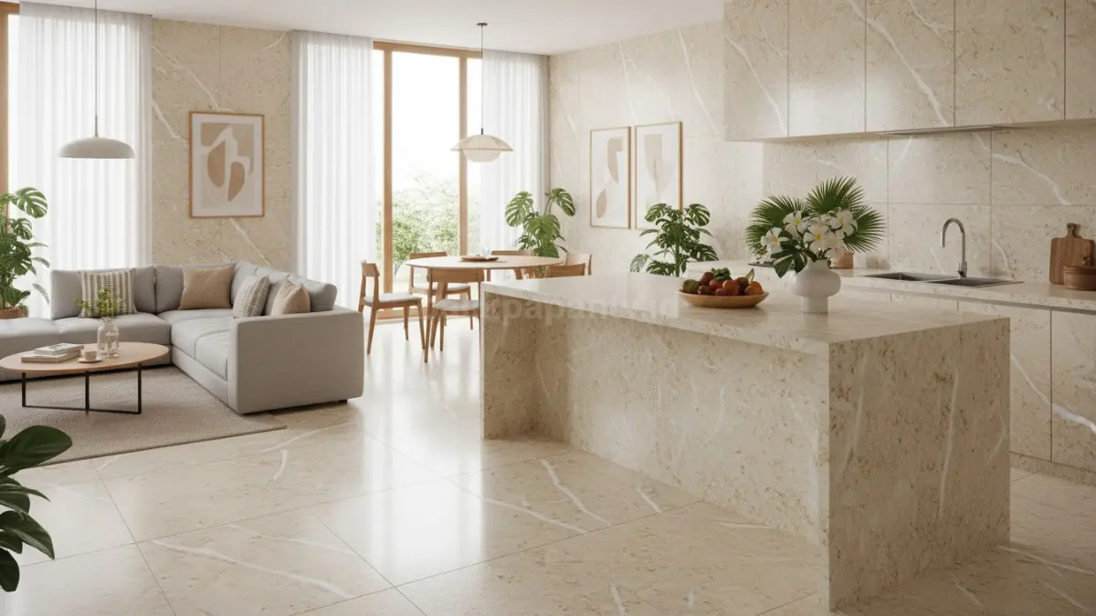 Granit motif marmer cream memberikan kesan elegan pada desain interior rumah modern (BTV/Ai)