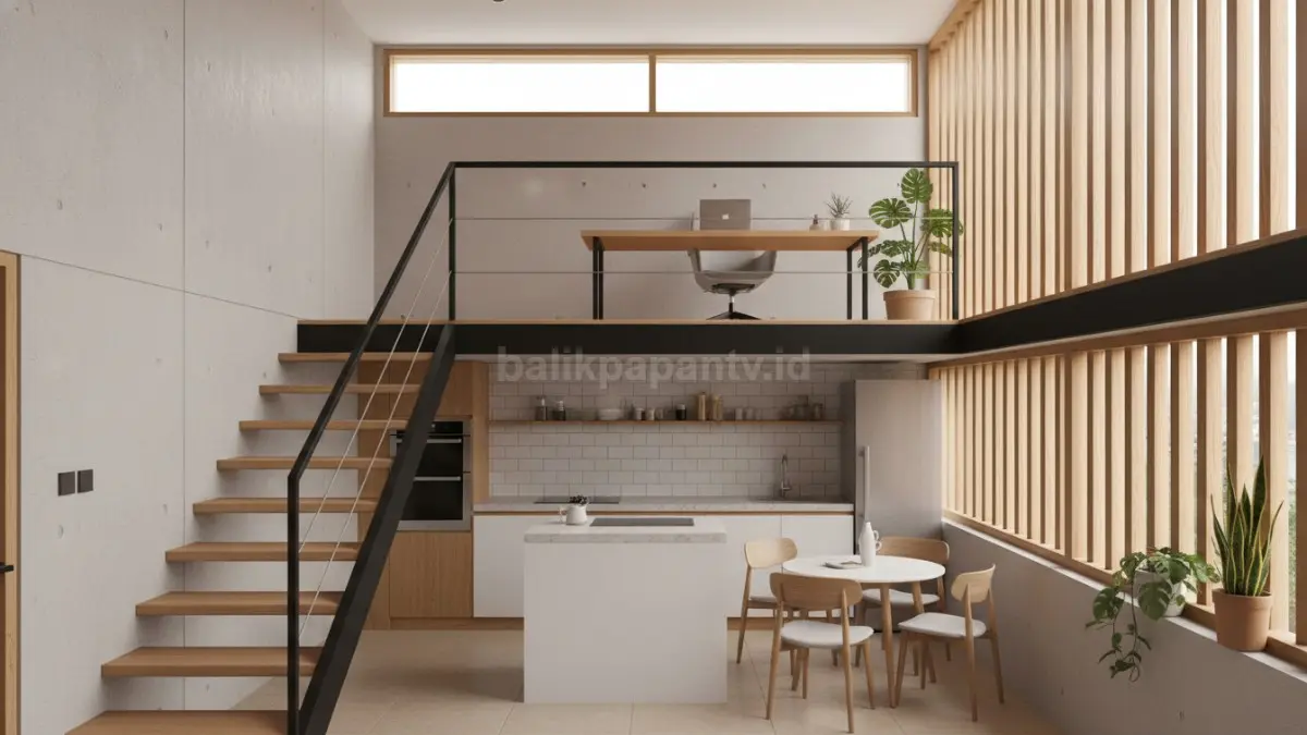 interior rumah mezzanine modern yang menampilkan area kerja di lantai atas tepat di atas dapur atau ruang makan. Desain memperlihatkan tangga ramping yang menghubungkan ruang bawah dan atas secara efisien tanpa memakan banyak ruang. Area kerja di mezzanine dilengkapi meja minimalis, kursi ergonomis, serta pencahayaan alami dari jendela samping rumah yang mendukung sirkulasi udara agar ruang tidak terasa pengap. Bagian bawah tampak sebagai dapur dan ruang makan terbuka, mencerminkan konsep hunian kecil yang fungsional, rapi, dan mendukung aktivitas kerja dari rumah di lingkungan urban Indonesia. (BTV/Ai)