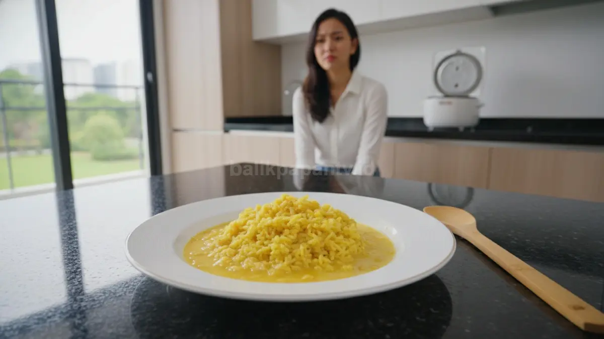 Ilustrasi kesalahan memasak nasi kuning yang terlalu lembek
