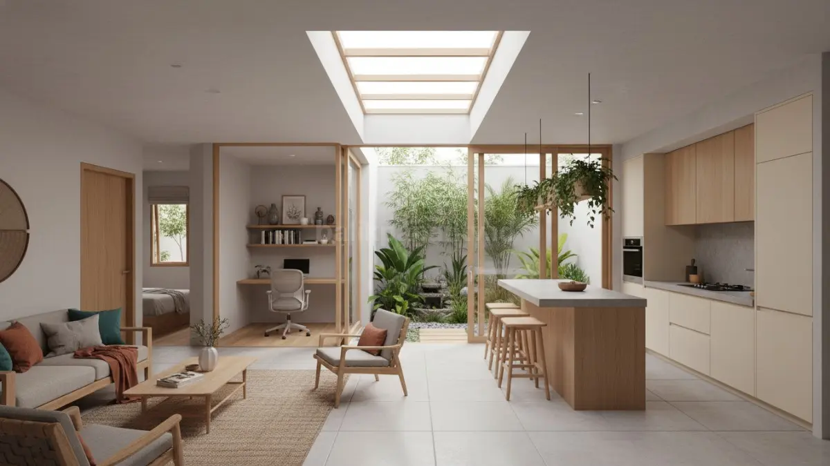 Interior open space ruang keluarga dan dapur modern