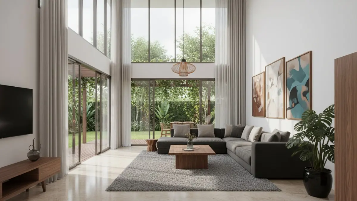 Interior rumah dengan plafon tinggi dan pencahayaan alami
