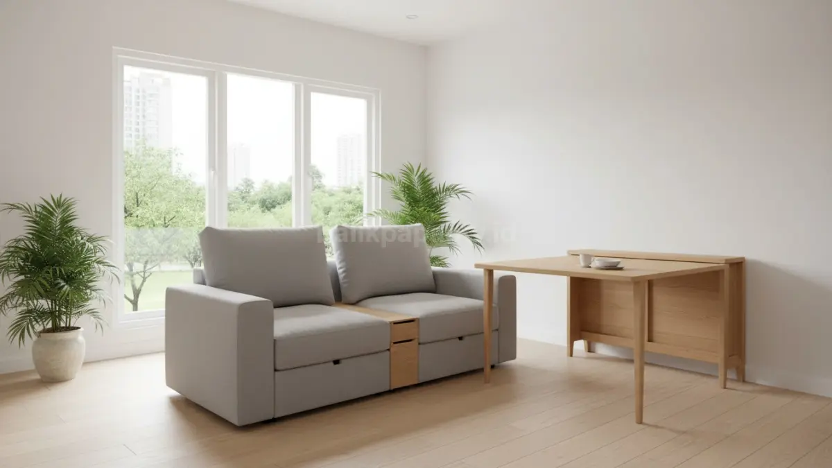 Furniture multifungsi hemat ruang ditampilkan dalam interior rumah minimalis dengan konsep sofa bed dan meja lipat yang dapat digunakan untuk berbagai kebutuhan dalam satu elemen. Desain ini mendukung efisiensi ruang sekaligus menjaga fungsi utama tetap optimal, sehingga hunian terasa lebih lega, tertata, dan nyaman tanpa penumpukan barang berlebihan dalam aktivitas sehari-hari.  (BTV/Ai)
