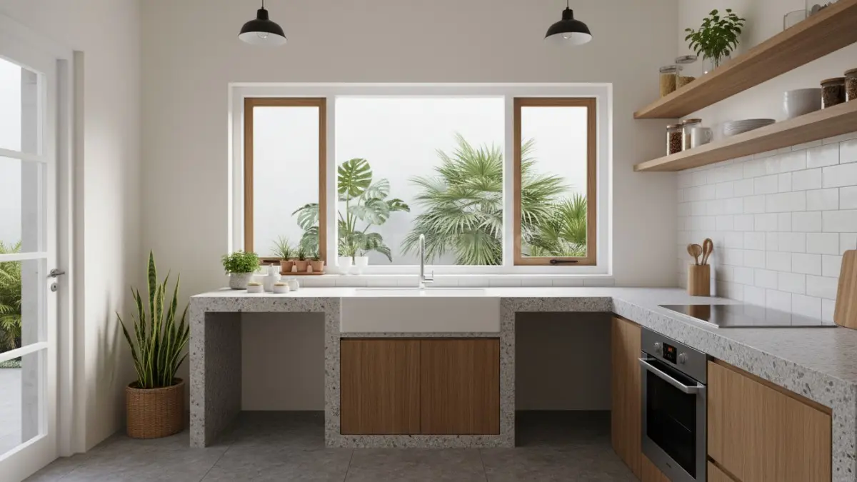 Jendela geser dengan bingkai minimalis di dapur kecil, memaksimalkan cahaya alami. (BTV/Ai)