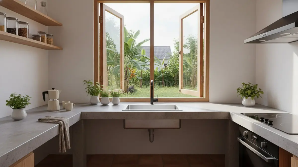 Jendela kayu dengan desain vintage di dapur kecil, memberikan kesan hangat dan natural.(BTV/Ai)