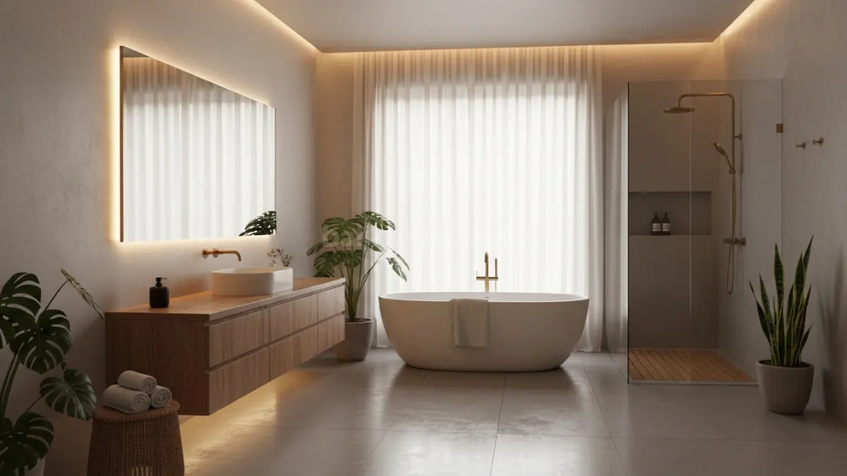 Kamar mandi minimalis estetik dengan pencahayaan hangat dan desain modern
