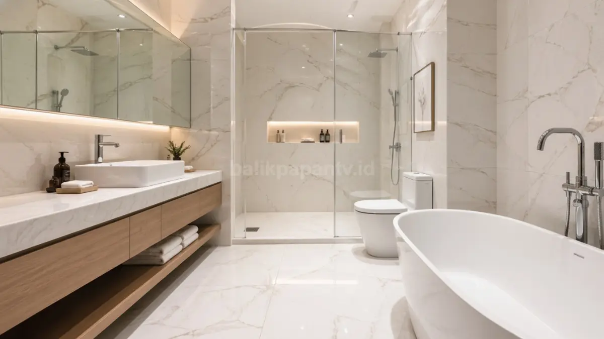 Kamar mandi modern dengan motif keramik marmer terang terlihat bersih dan elegan. (BTV/Ai)