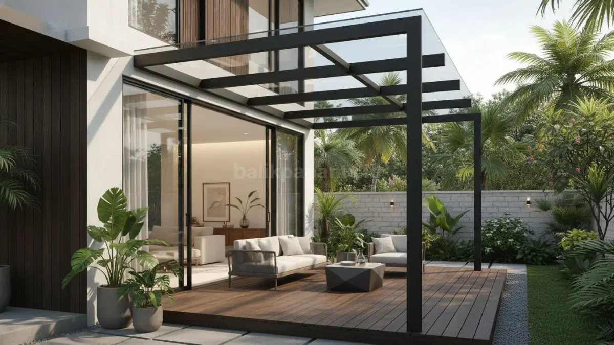 Kanopi baja ringan dengan desain minimalis cocok untuk rumah bergaya industrial. (BTV/Ai)