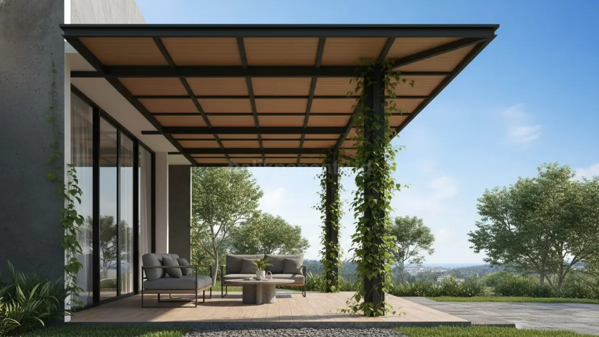 Kanopi teras modern dengan bahan kaca transparan memberikan kesan elegan dan terbuka. (BTV/Ai)