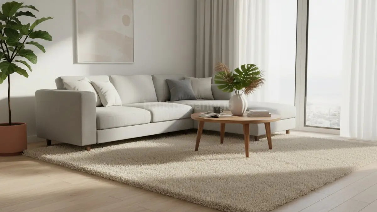 Karpet bulu dengan warna pastel yang menenangkan di ruang tamu modern. (BTV/Ai)