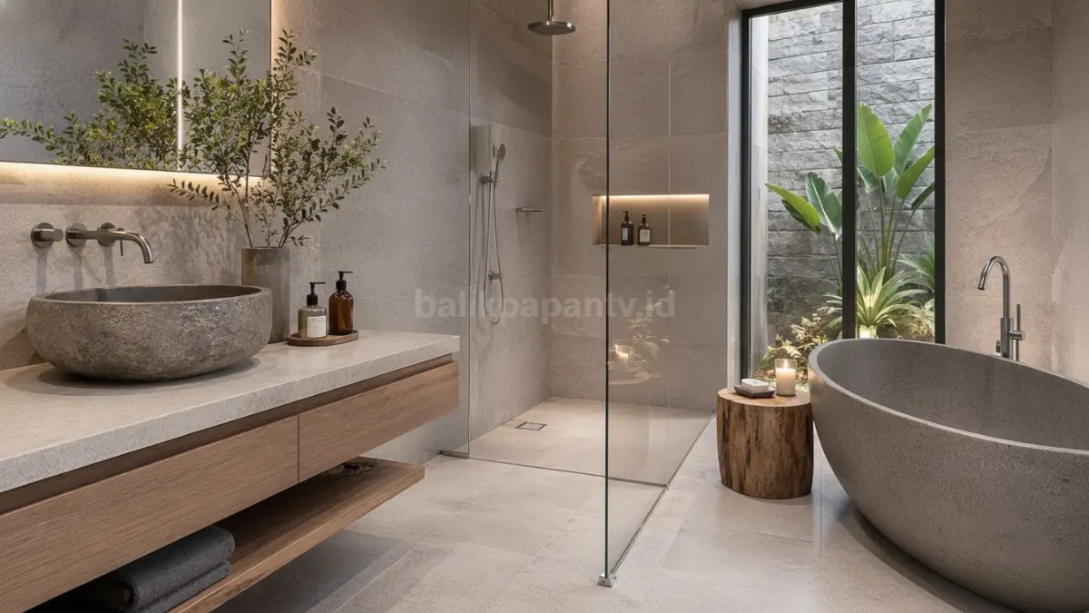 Keramik kamar mandi motif batu alam natural. (BTV/Ai)