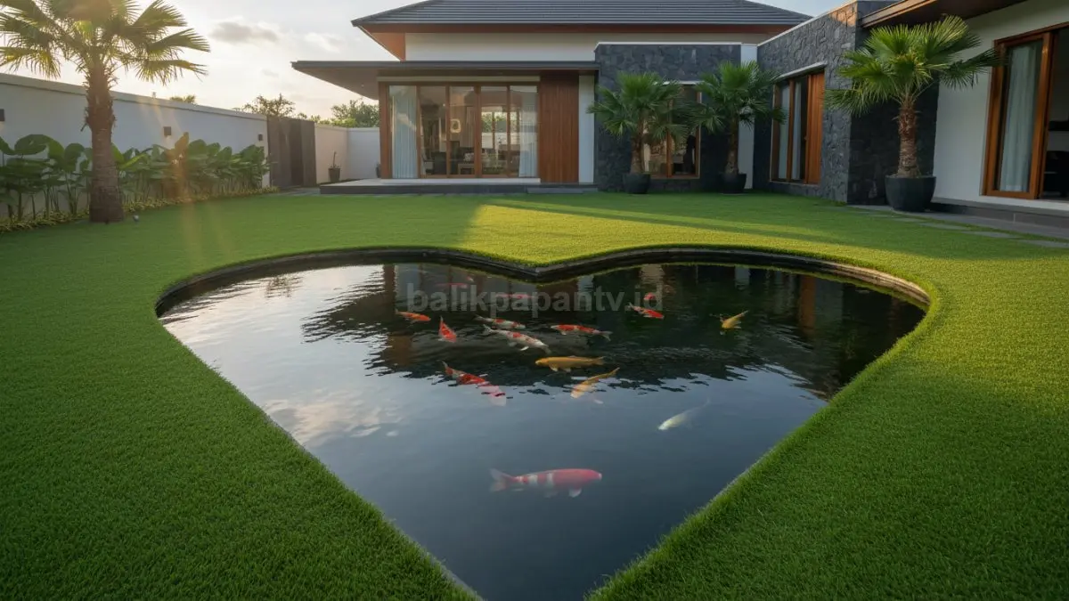 Kolam bentuk love rata tanah dengan rumput sintetis sekelilingnya
