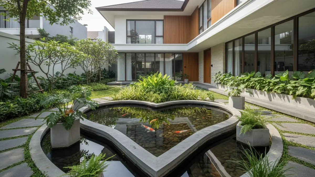 Kolam ikan bentuk love di taman rumah minimalis dengan air jernih dan desain estetik
