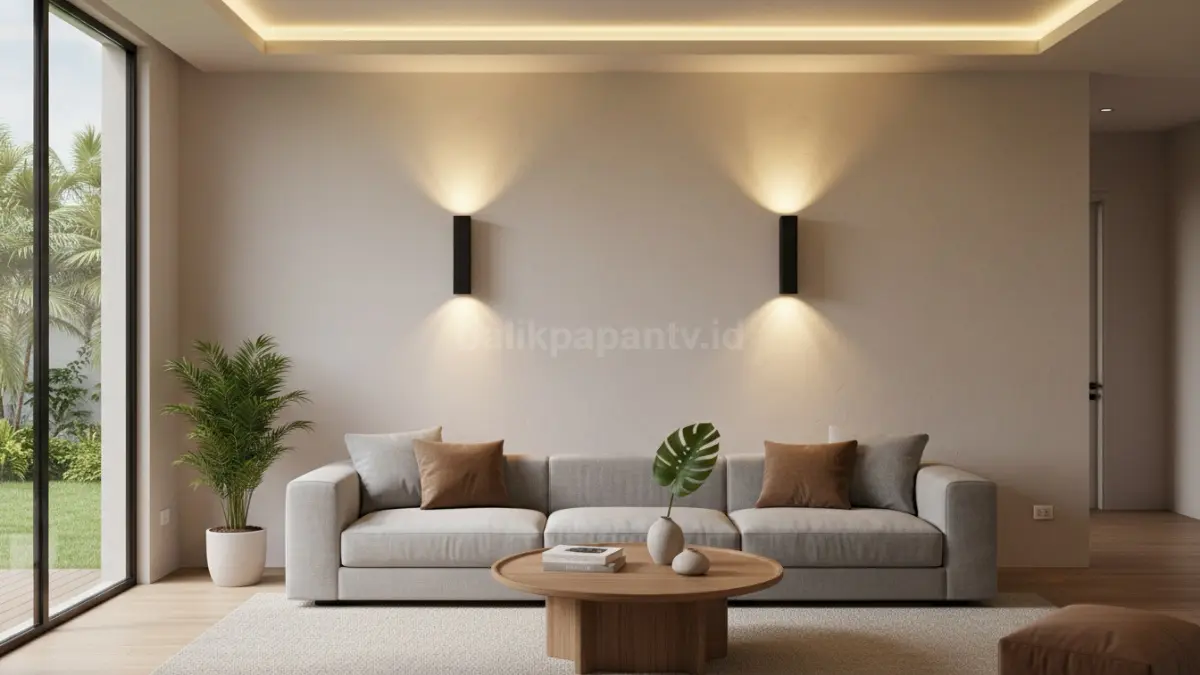 Lampu dinding minimalis modern dengan cahaya hangat di ruang tamu (BTV/Ai)