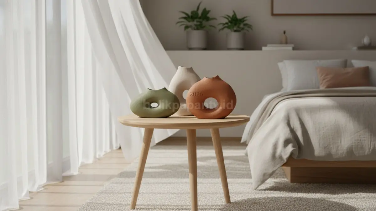 Vas pendek berbentuk organik ditempatkan di meja kecil atau rak kamar dengan desain tidak simetris yang memberikan kesan natural, lembut, dan hangat pada interior. Elemen ini berfungsi sebagai aksen ringan yang memperkaya tampilan ruang tanpa mengganggu komposisi utama, sehingga cocok untuk konsep kamar modern yang mengutamakan keseimbangan visual dan kesederhanaan dekorasi.  (BTV/Ai)
