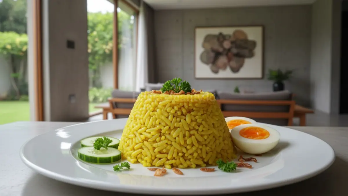 Nasi kuning matang dengan tekstur pulen dan warna kuning cerah
