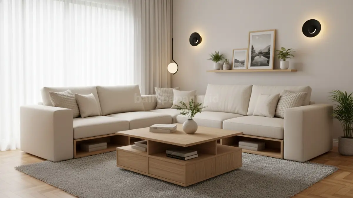 Pilih furnitur minimalis untuk ruang tamu kecil agar lebih lapang dan fungsional.