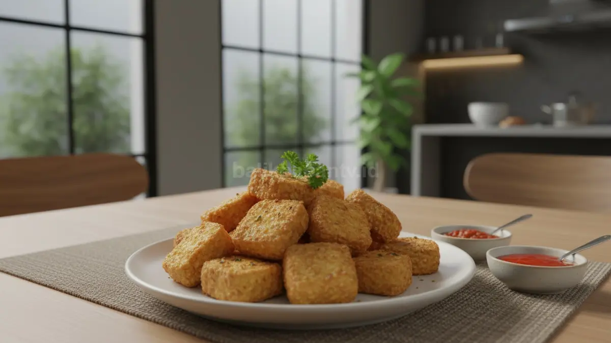 Nugget tahu goreng keemasan renyah siap disajikan hangat di meja makan
