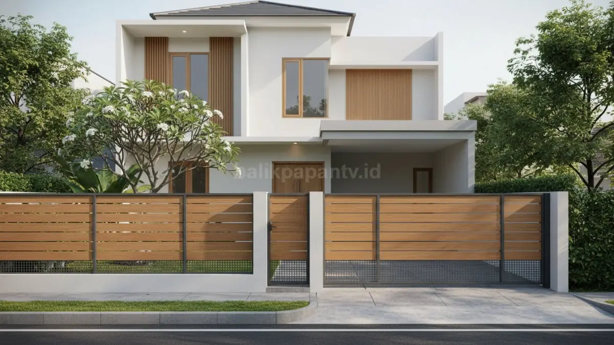 Pagar minimalis dari bahan kayu yang dipadukan dengan besi hitam memberikan kesan elegan dan modern.
