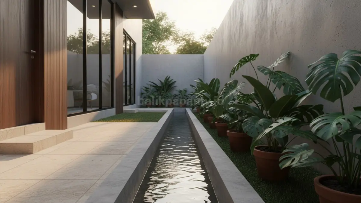 Paret kecil belakang rumah minimalis dengan desain rapi dan aliran air lancar
