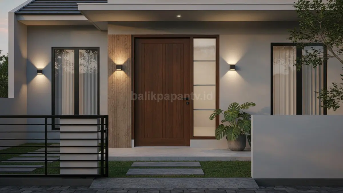 Pintu depan rumah modern dengan kombinasi kayu dan kaca, nuansa hangat dan stylish.